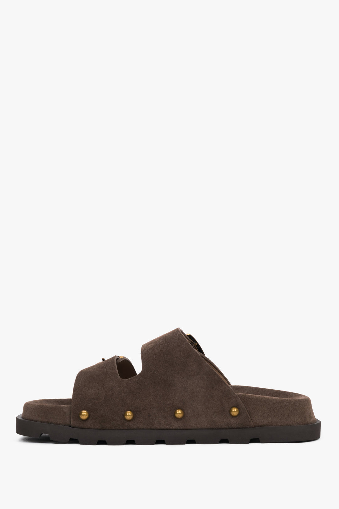 Women’s brown genuine velour slides with a silver buckle and studs, Estro.