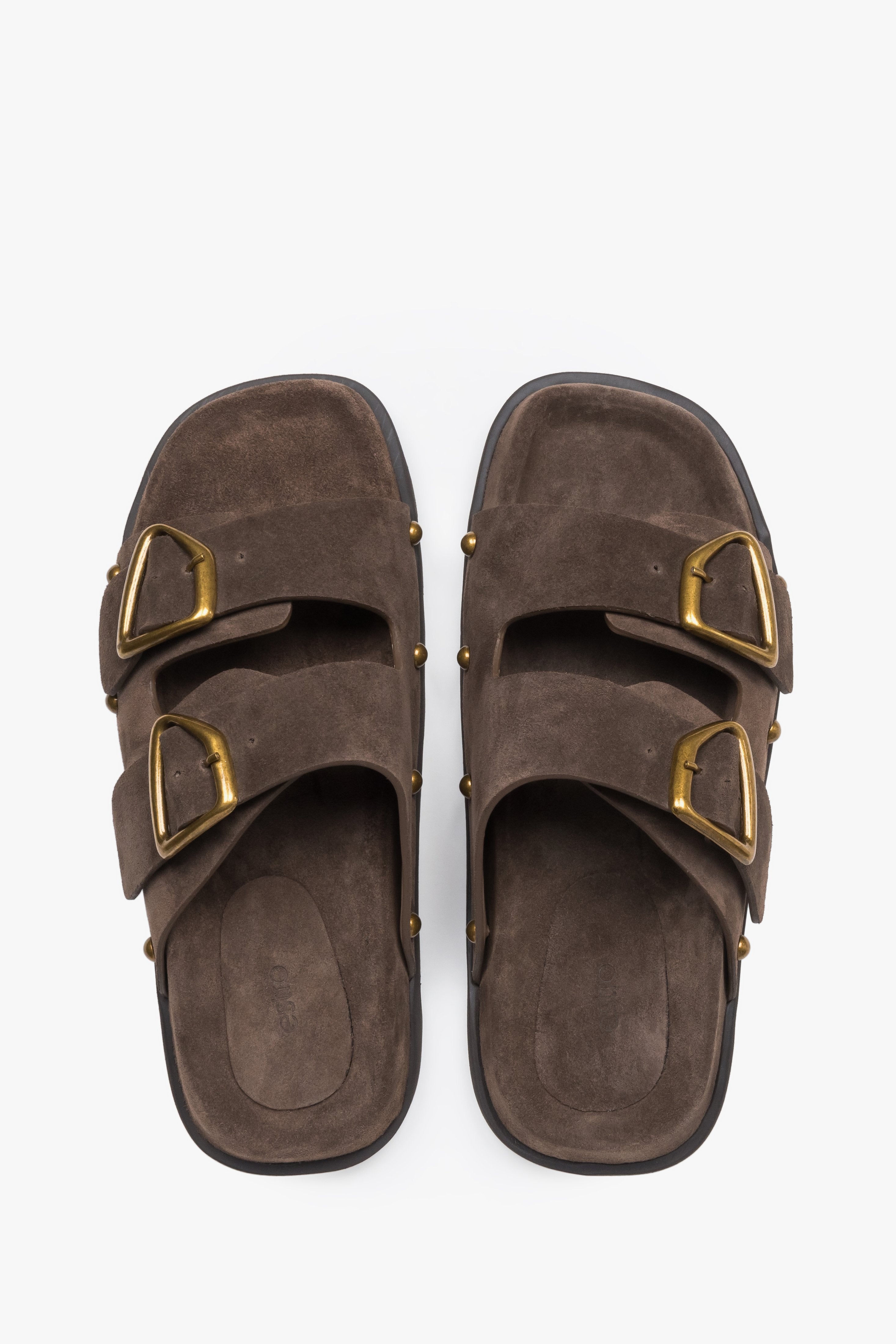Women’s natural velour slides with a silver buckle and studs, Estro.