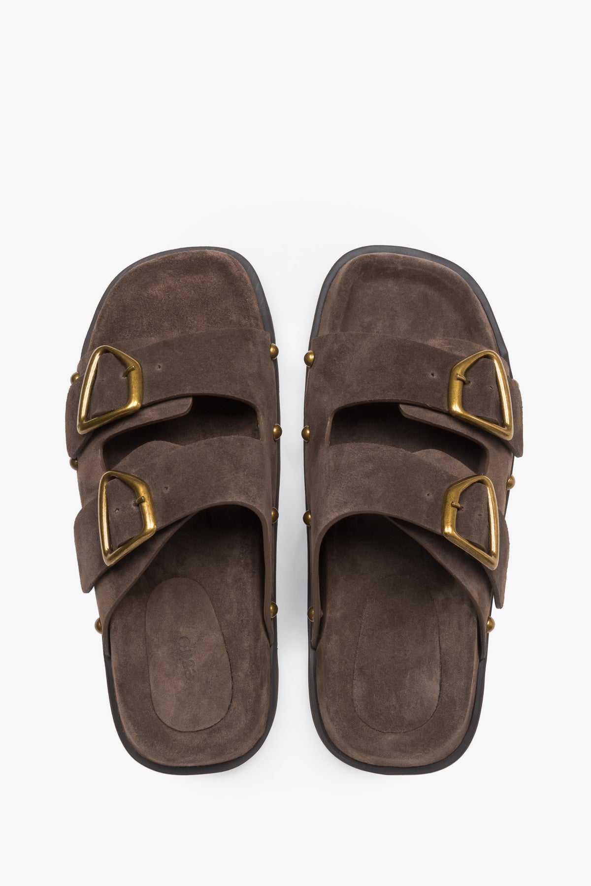 Women’s natural velour slides with a silver buckle and studs, Estro.