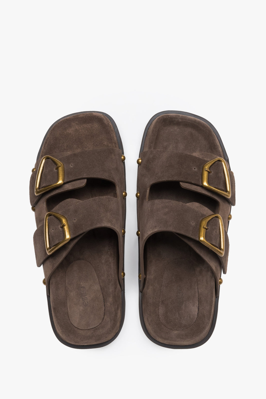 Women’s natural velour slides with a silver buckle and studs, Estro.