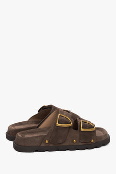 Women’s brown genuine velour slides with a silver buckle and studs, Estro.