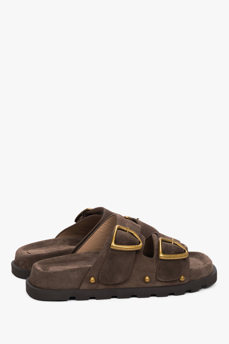 Women’s brown genuine velour slides with a silver buckle and studs, Estro.