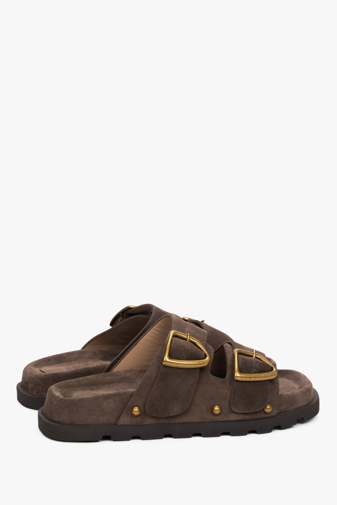 Women’s brown genuine velour slides with a silver buckle and studs, Estro.