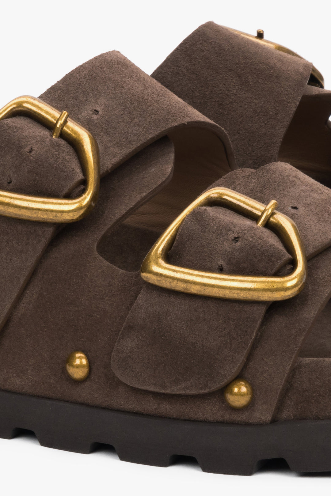Women’s genuine brown velour slides with a silver buckle and studs – detail close-up.