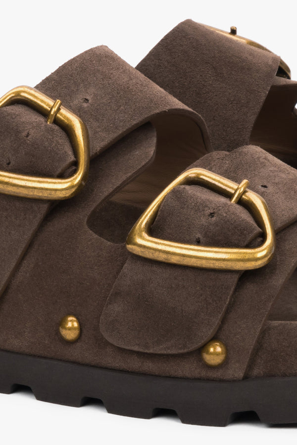 Women’s genuine brown velour slides with a silver buckle and studs – detail close-up.