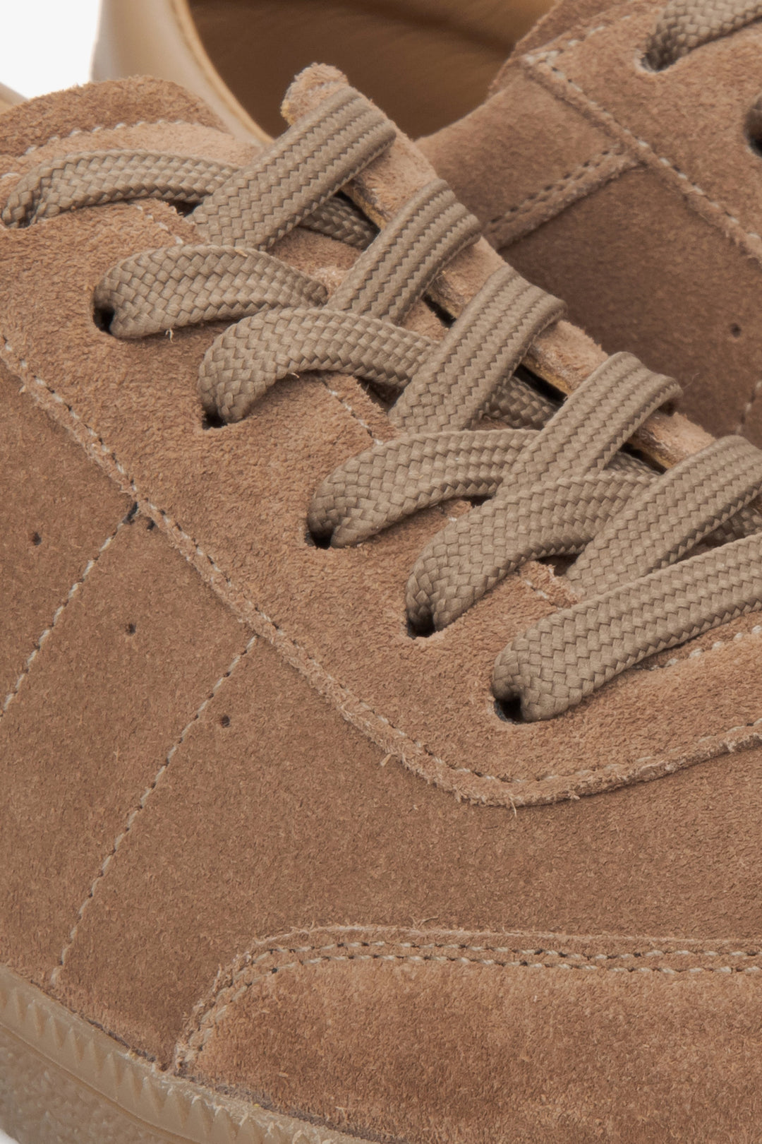 Women’s sneakers made of brown genuine velour by Estro – details.