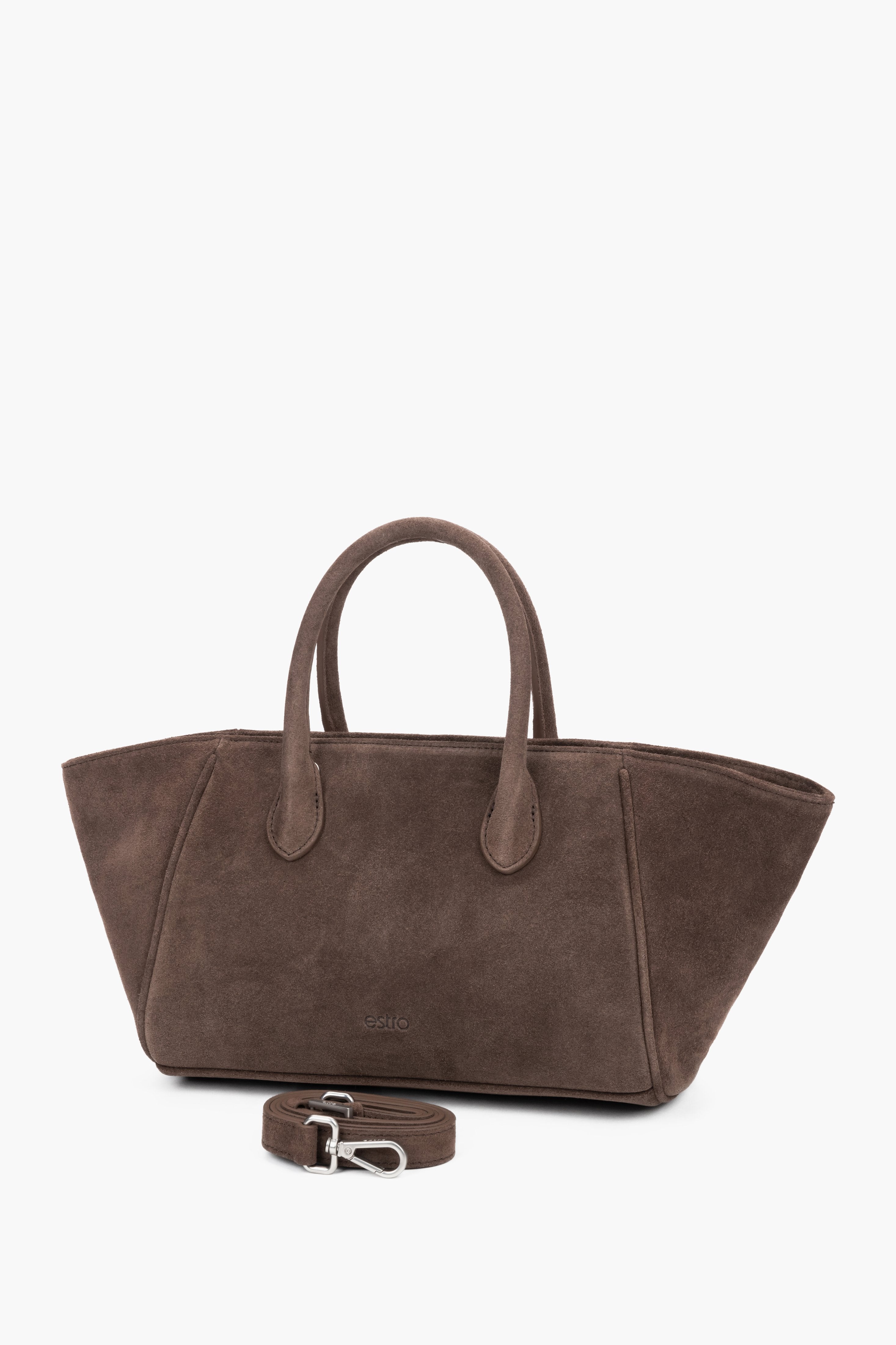Women’s brown velour tote bag by Estro with a distinctive elongated shape, featuring short handles and a matte suede-like leather texture.