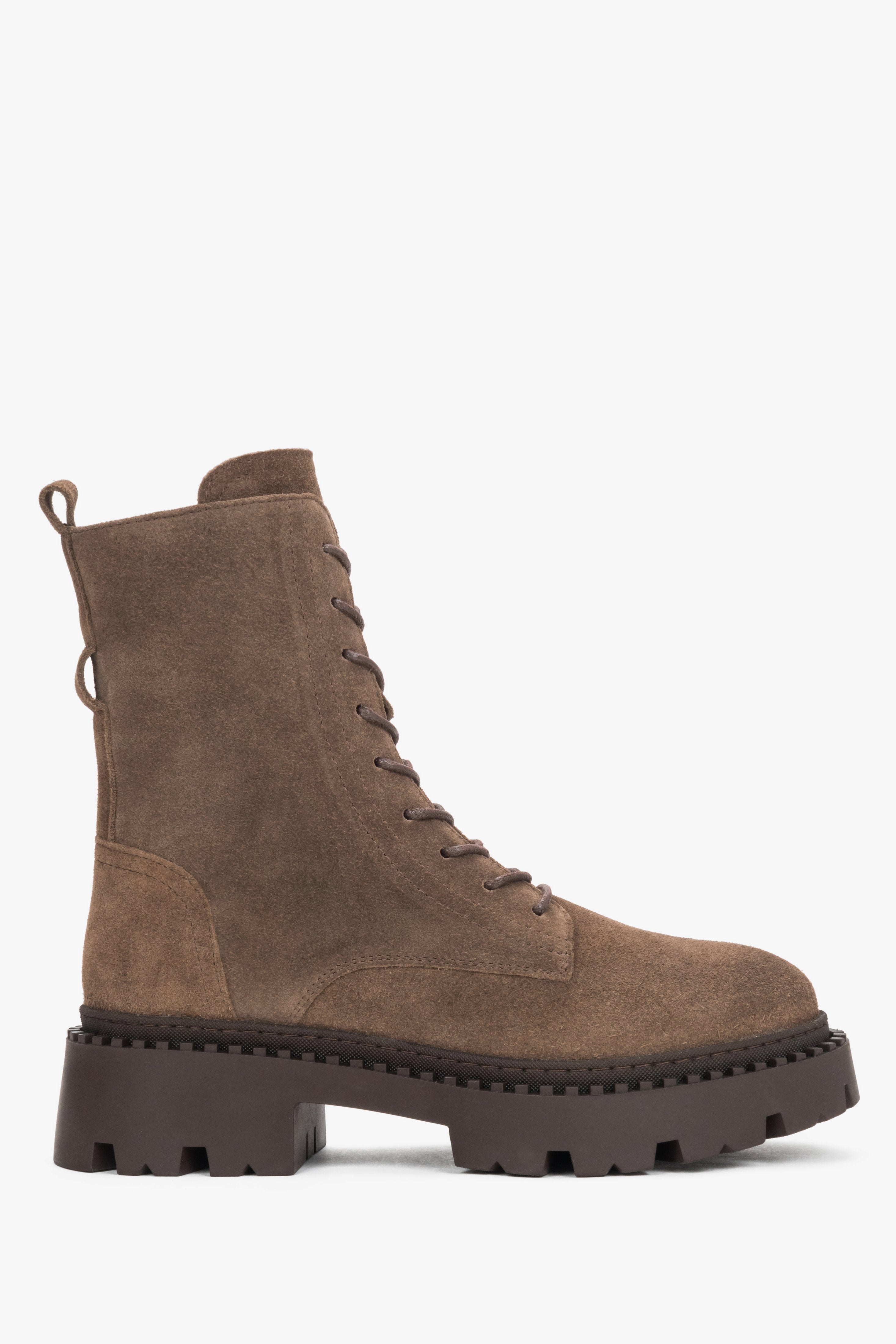 Genuine Italian Velour Women's Ankle Boots in Brown by Estro - a close-up on soft shoe shaft.