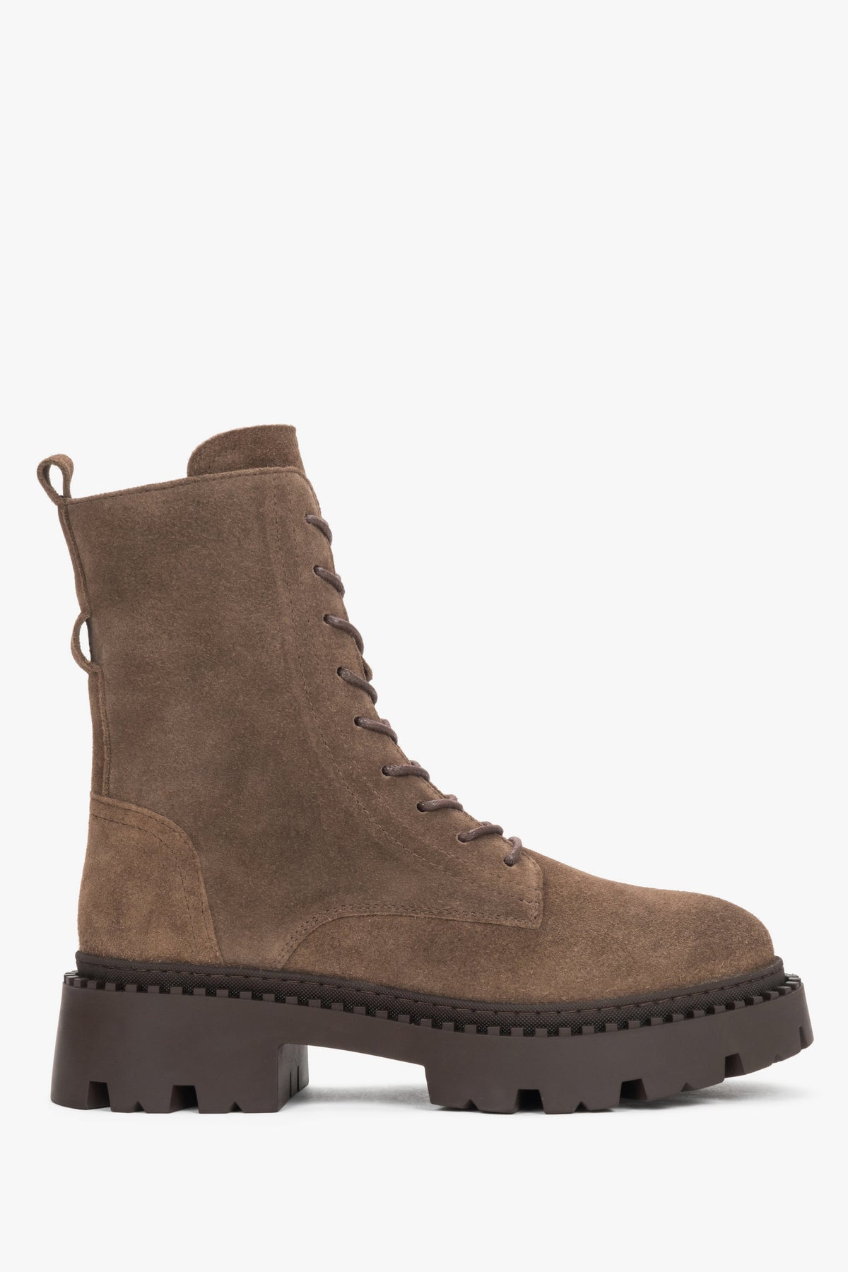Genuine Italian Velour Women's Ankle Boots in Brown by Estro - a close-up on soft shoe shaft.