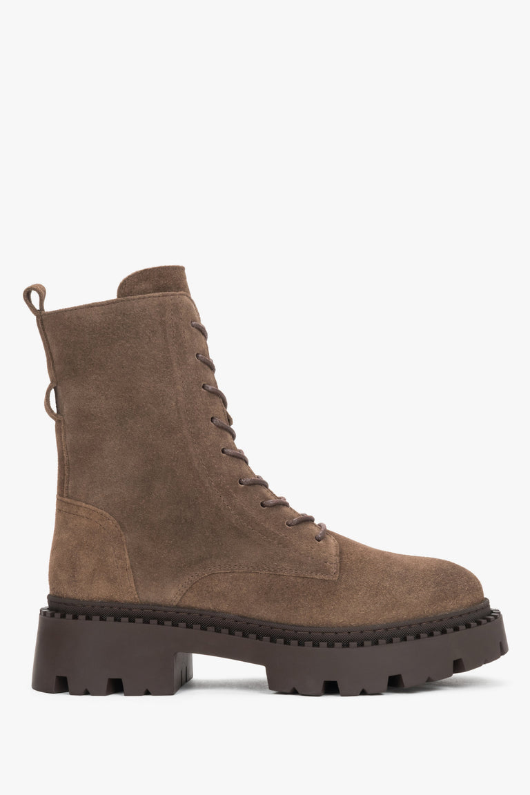 Genuine Italian Velour Women's Ankle Boots in Brown by Estro - a close-up on soft shoe shaft.