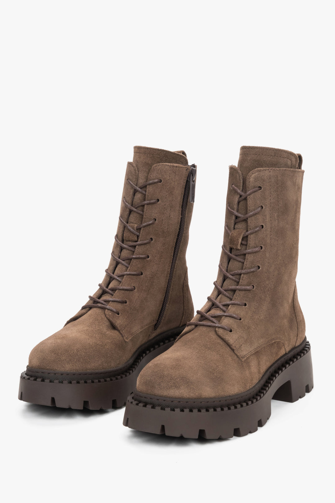 Stylish Women's Brown Italian Velour Ankle Boots by Estro - close-up on a toeline.