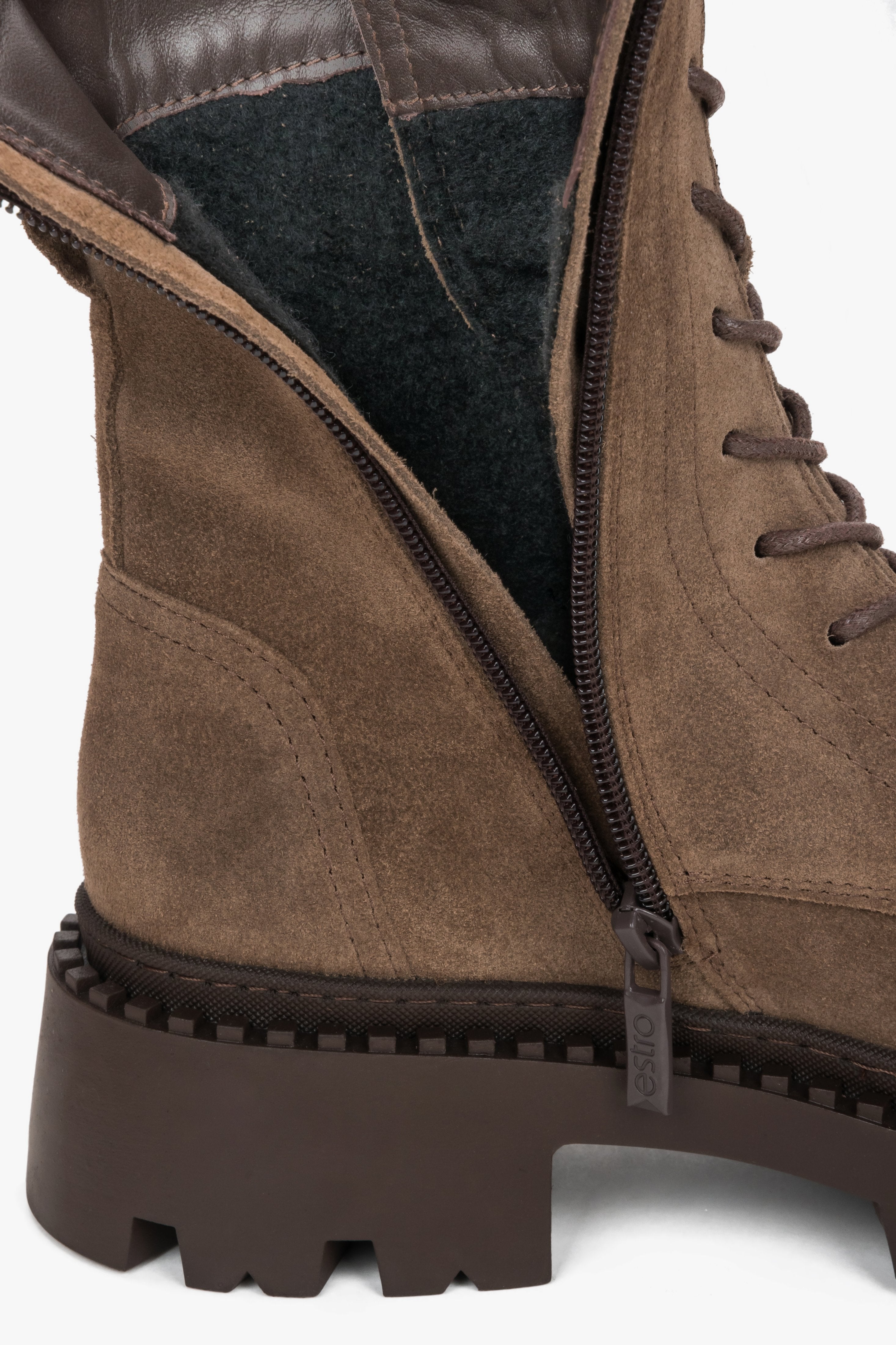 Elegant Brown Ankle Boots for Women Crafted from Italian Velour by Estro - a close-up on soft padding.