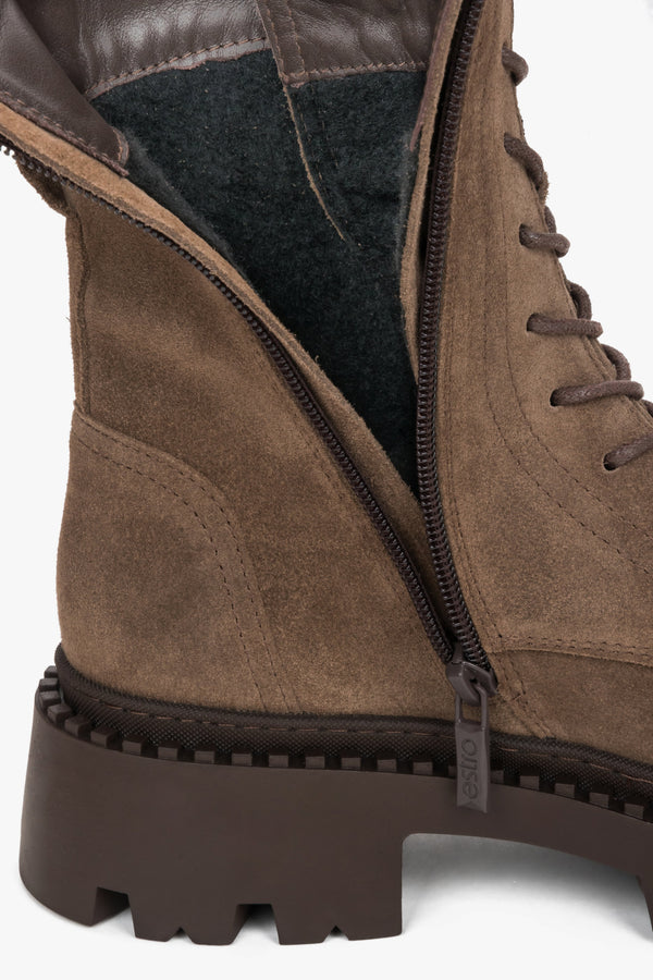 Elegant Brown Ankle Boots for Women Crafted from Italian Velour by Estro - a close-up on soft padding.