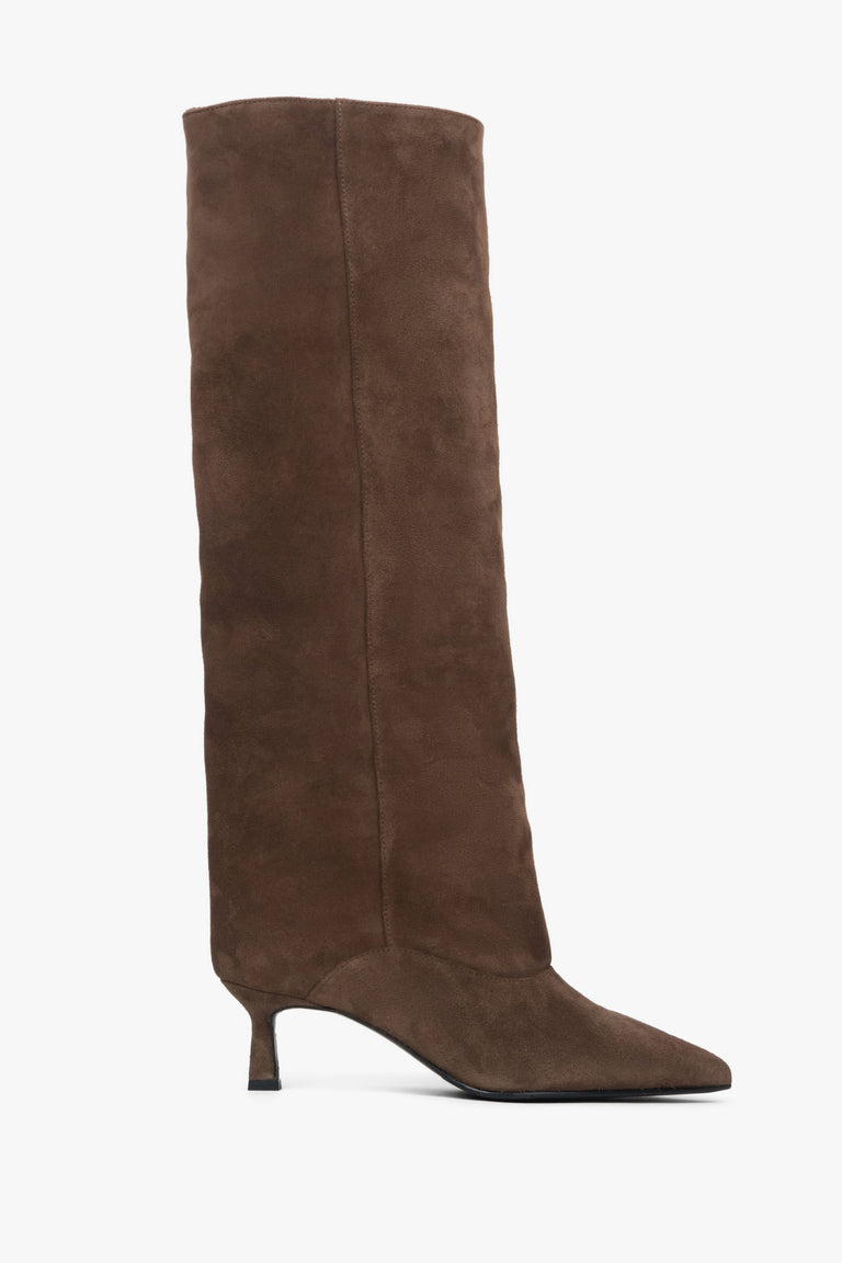 Women's brown knee-high boots made of genuine velour with a low flared heel.