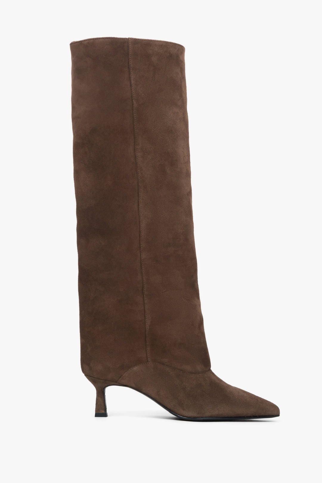 Women's brown knee-high boots made of genuine velour with a low flared heel.