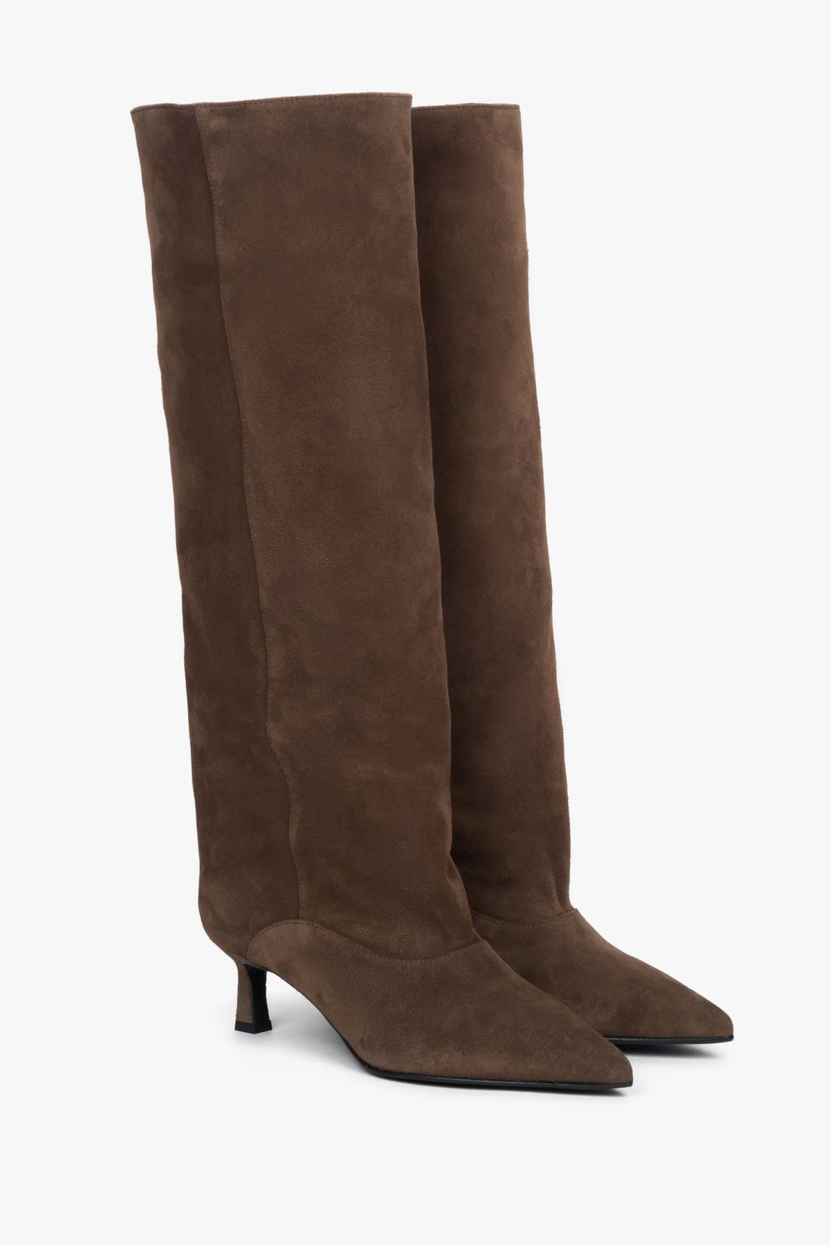 Women's knee-high boots made of genuine velour, brown, with a low flared heel.
