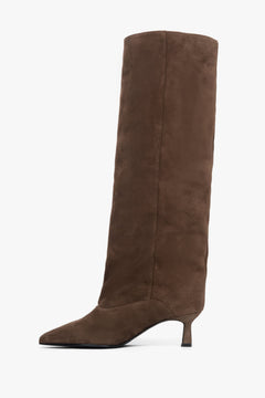 Brown women's knee-high boots with a low flared heel, made of genuine velour.
