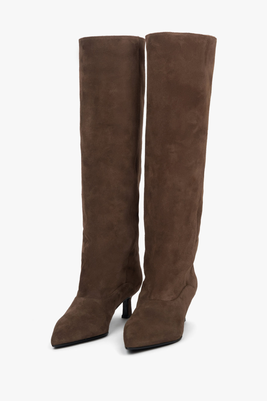 Women's knee-high boots made of genuine velour, brown, with a low flared heel.