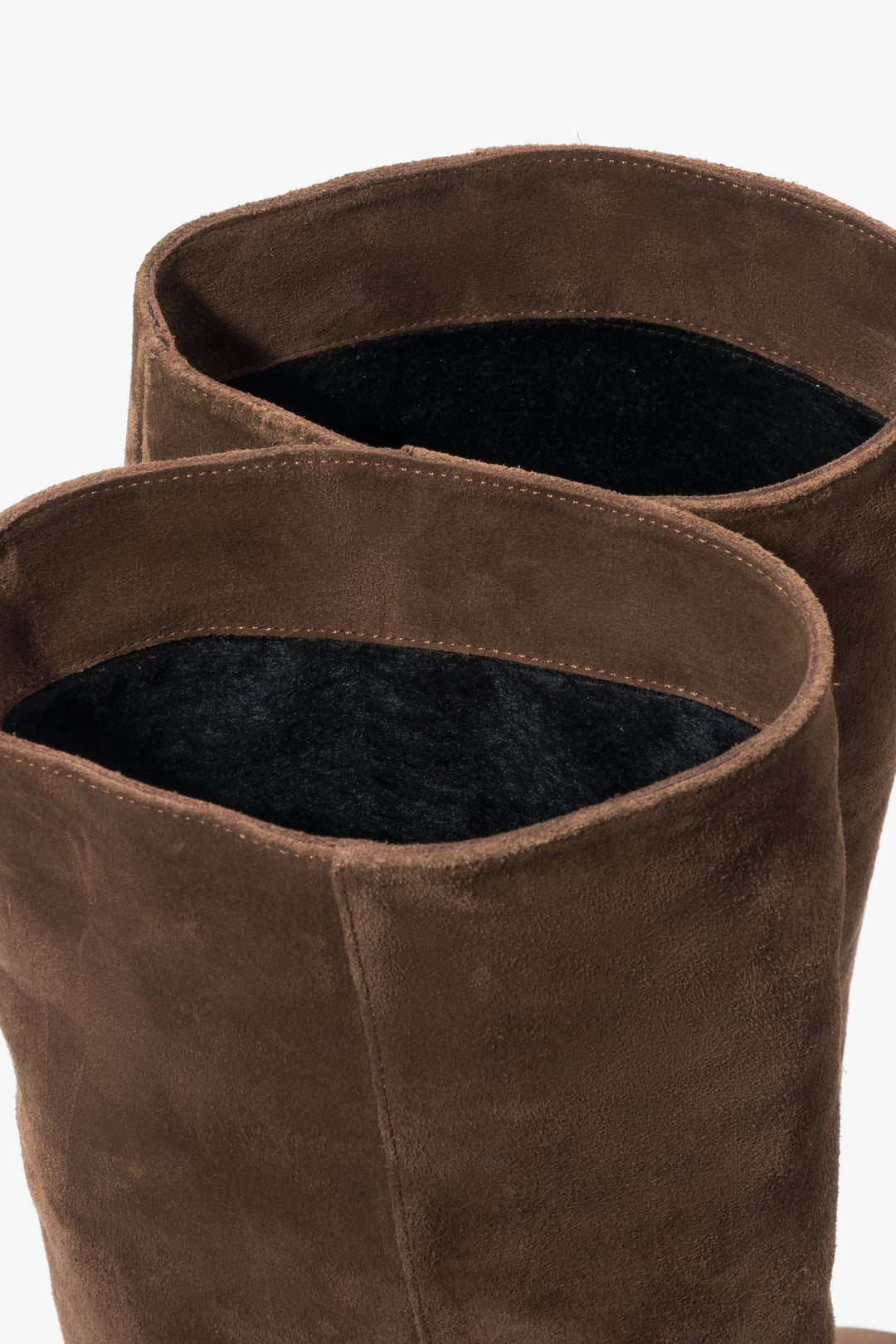 Brown women's knee-high boots with a low flared heel, made of genuine velour.