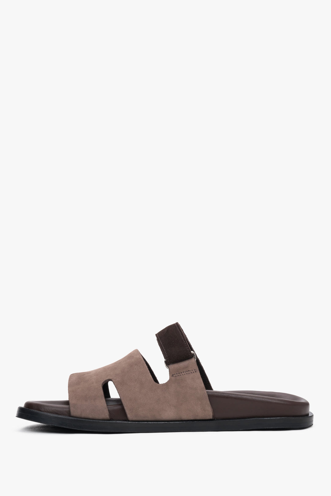 Women’s brown leather and velour slides with an adjustable strap by Estro.