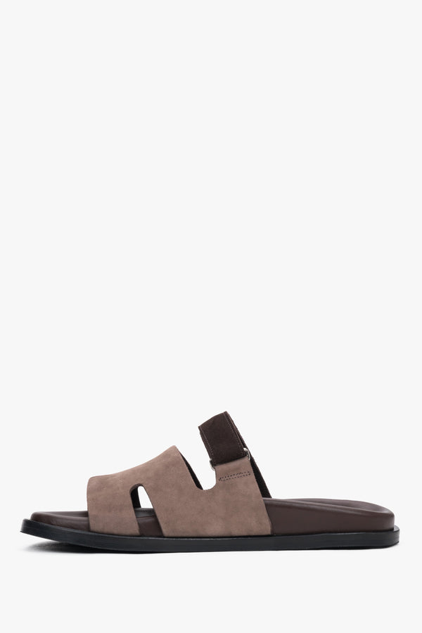 Women’s brown leather and velour slides with an adjustable strap by Estro.