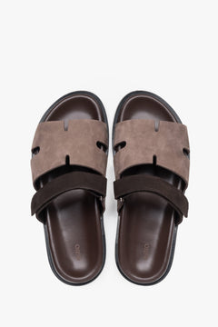 Women’s brown leather and velour slides with an adjustable strap, Estro.
