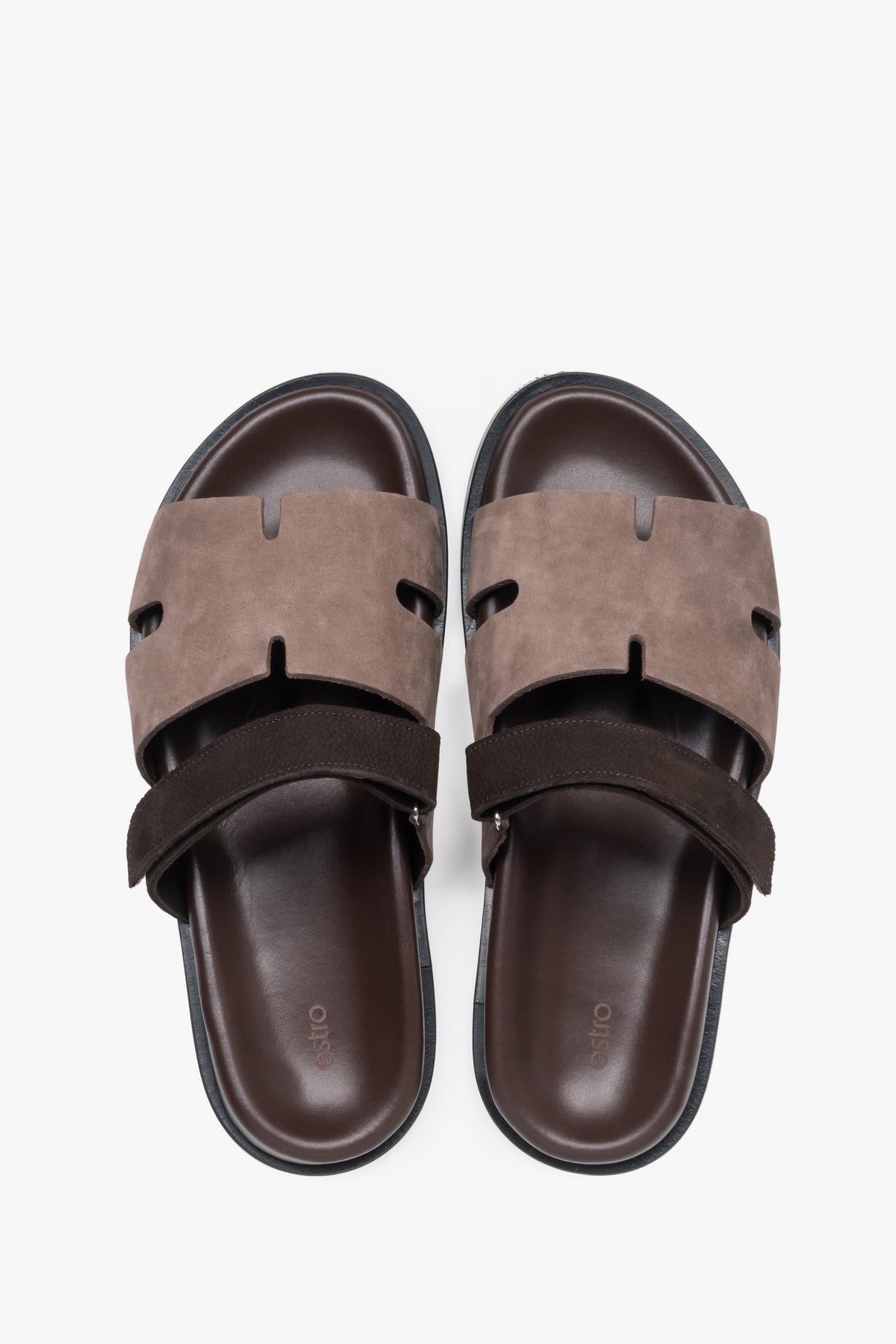 Women’s brown leather and velour slides with an adjustable strap, Estro.