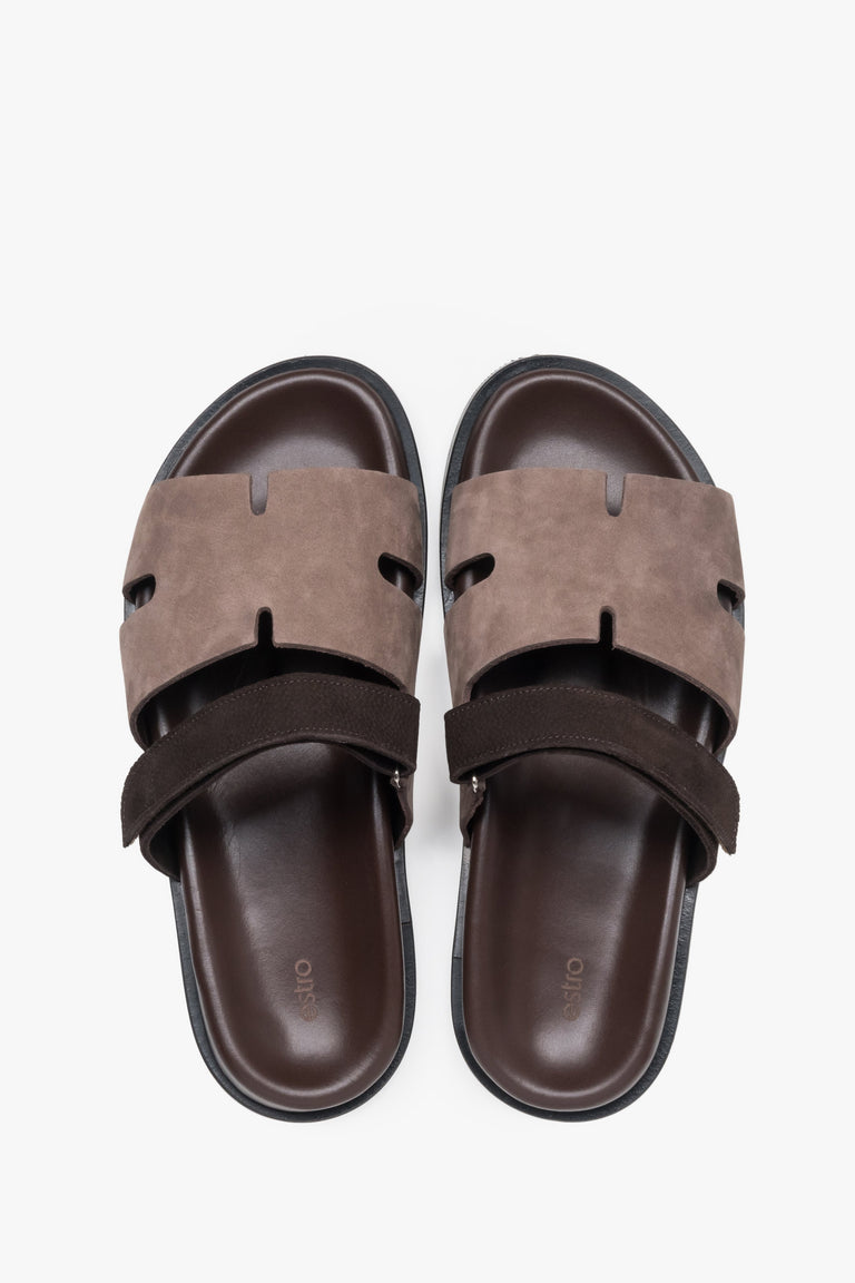 Women’s brown leather and velour slides with an adjustable strap, Estro.