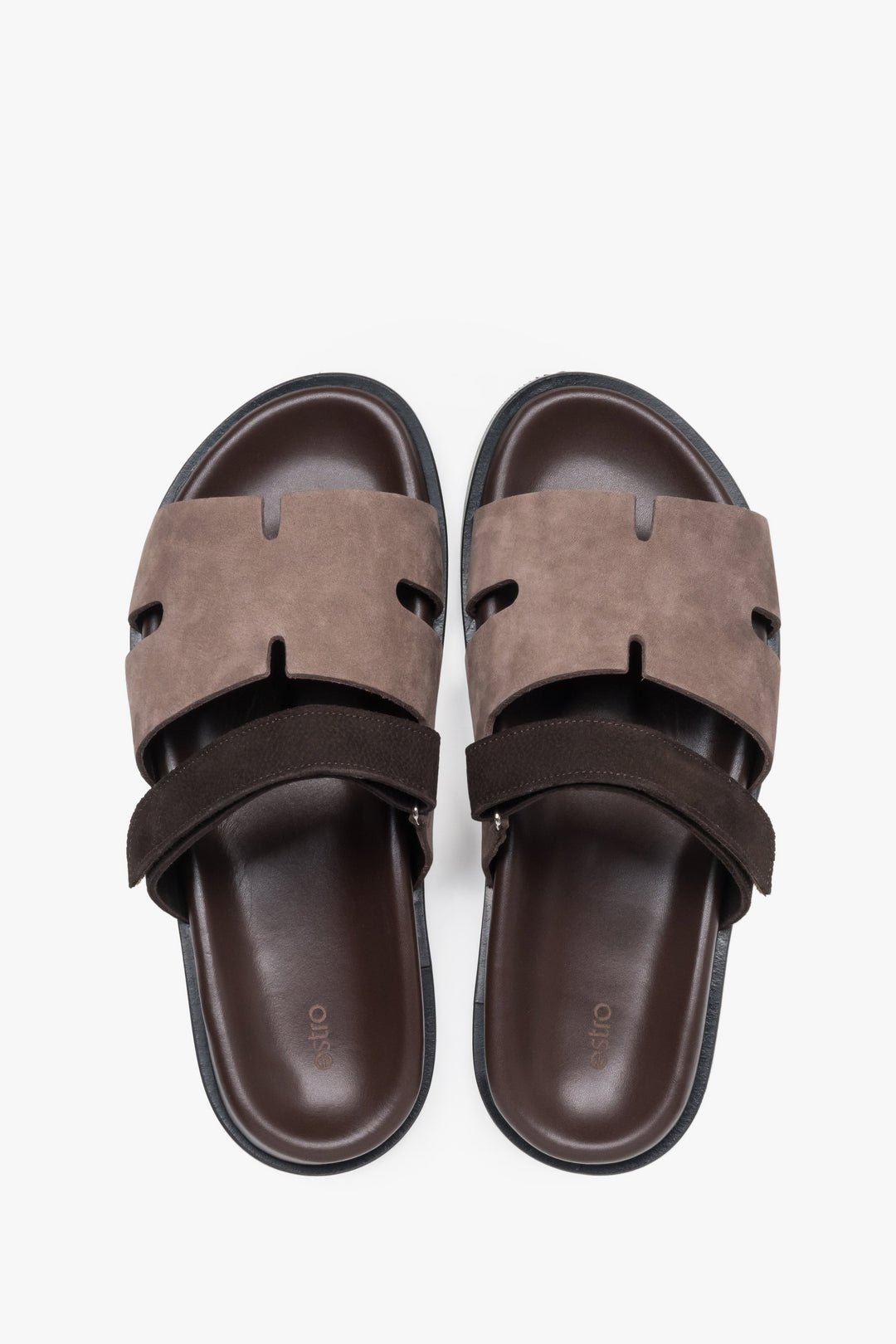 Women’s brown leather and velour slides with an adjustable strap, Estro.
