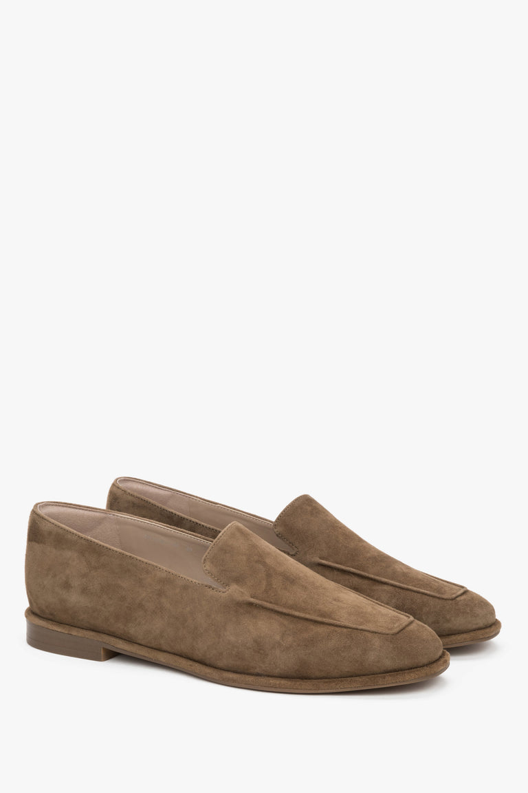 Women's brown genuine velour loafers with decorative stitching