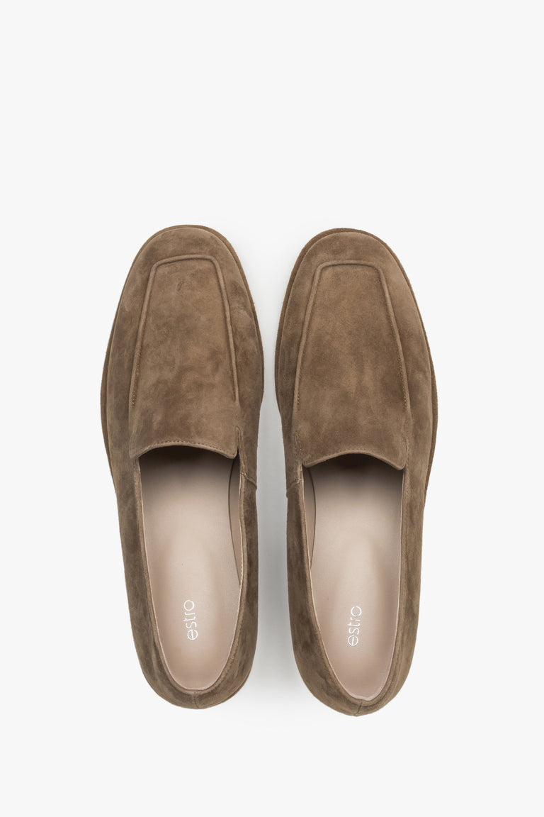 Top view of women's brown velour loafers by Estro