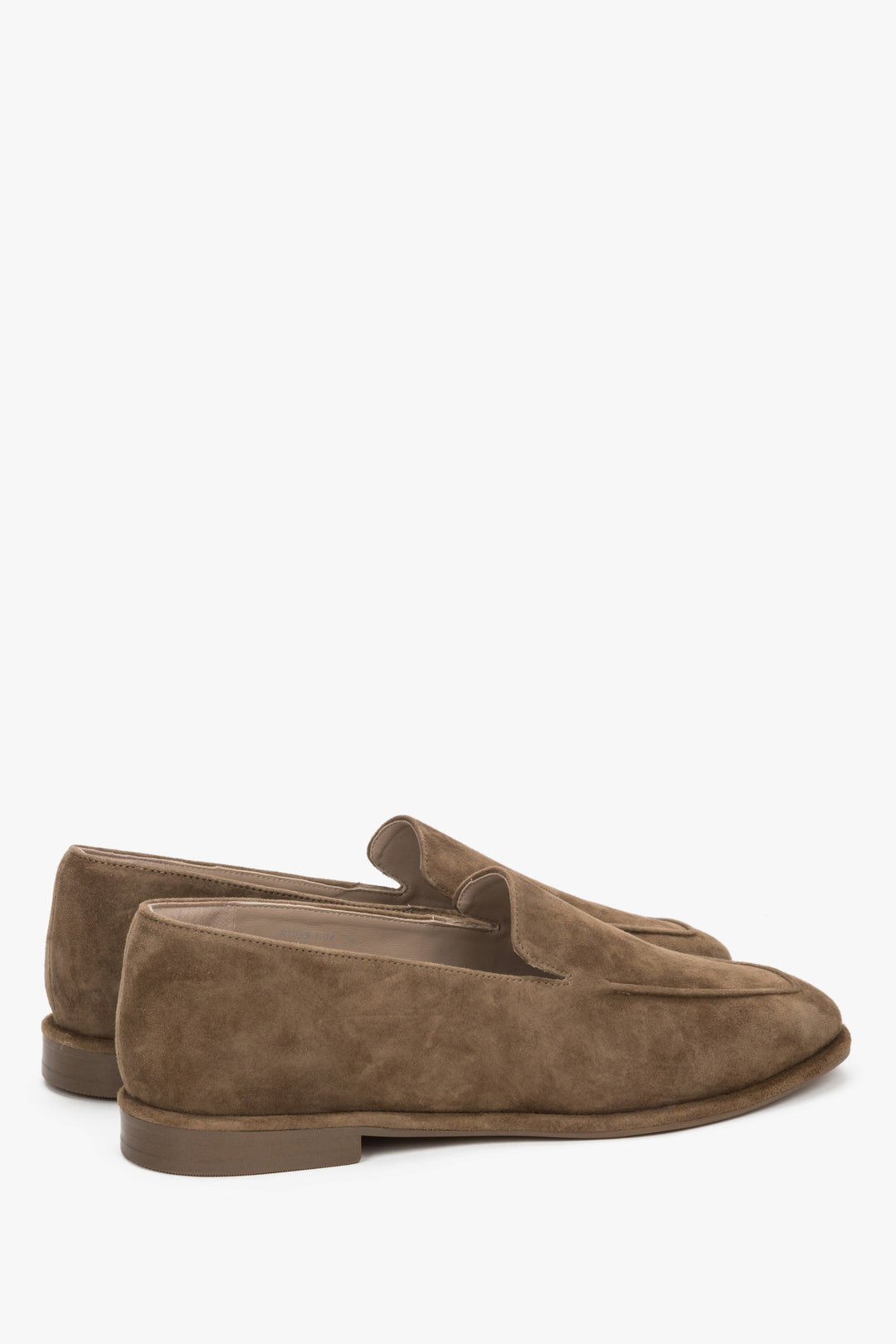 Angled view of women's brown velour loafers with flat rubber sole