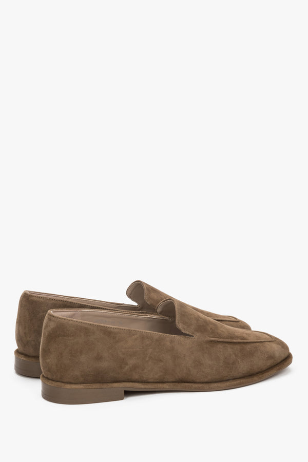 Angled view of women's brown velour loafers with flat rubber sole