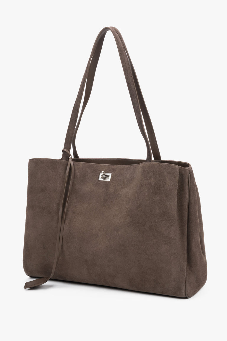 Front view of women's brown velour shopper bag by Estro