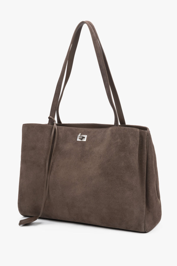 Front view of women's brown velour shopper bag by Estro
