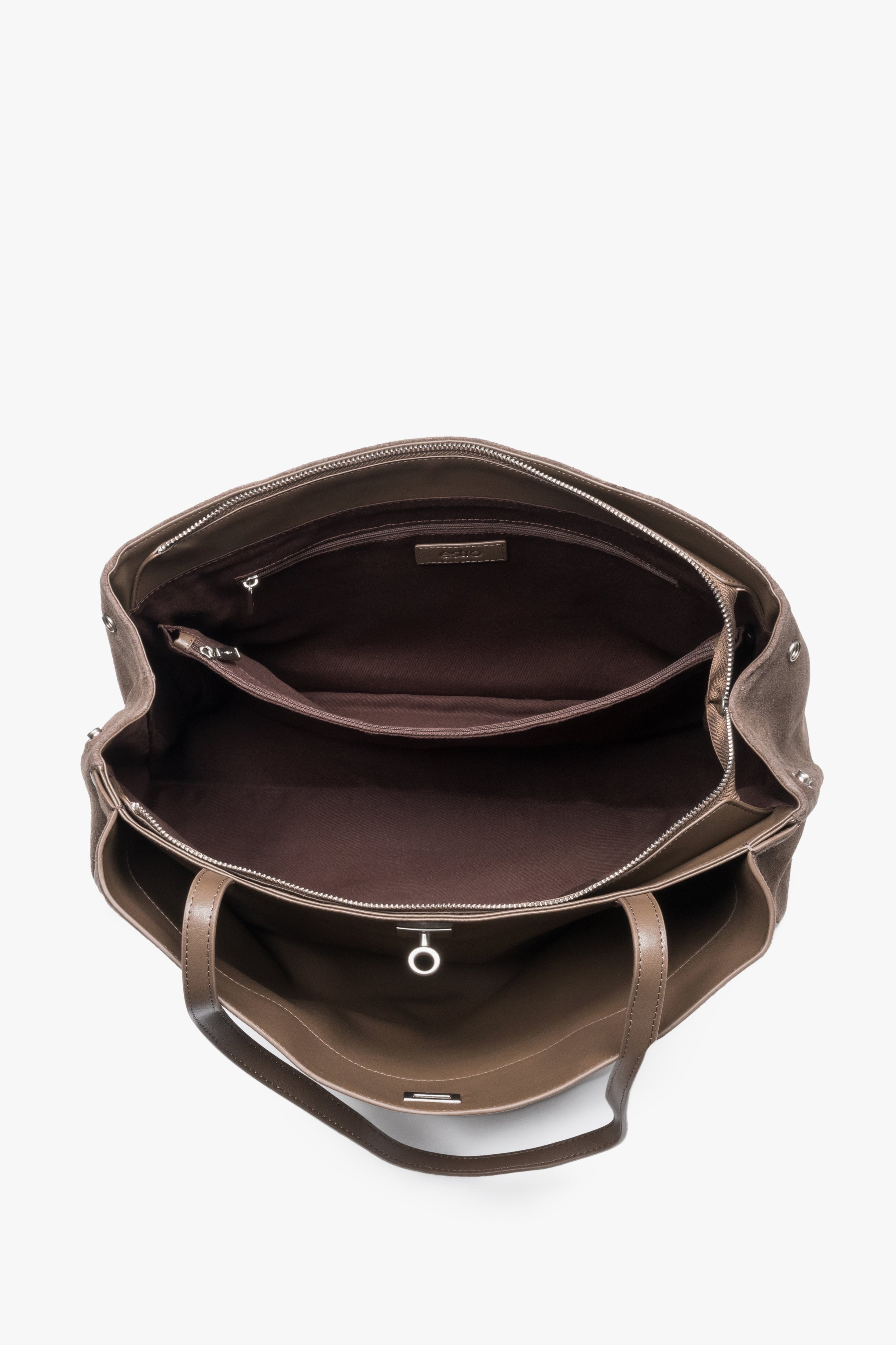 Interior view of women's brown velour shopper bag by Estro