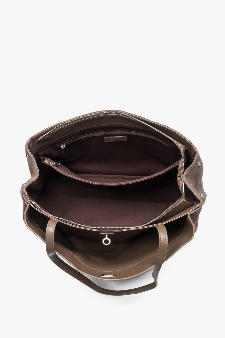 Interior view of women's brown velour shopper bag by Estro