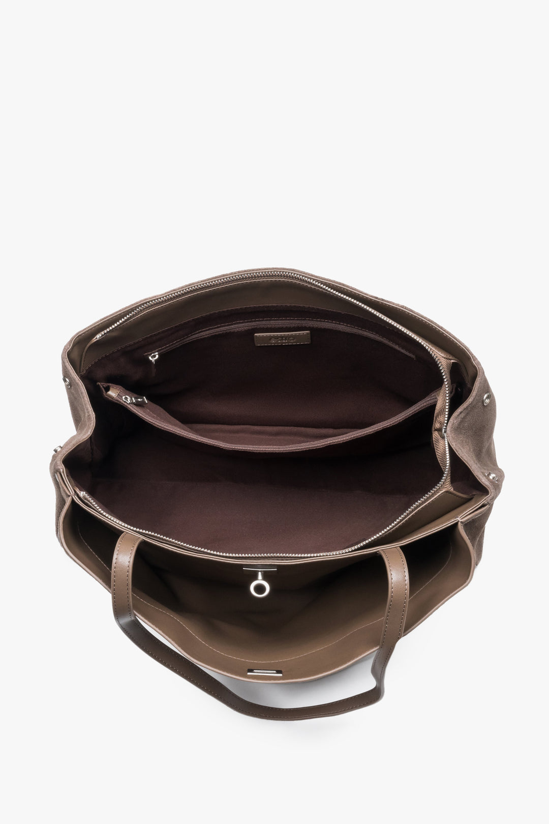Interior view of women's brown velour shopper bag by Estro