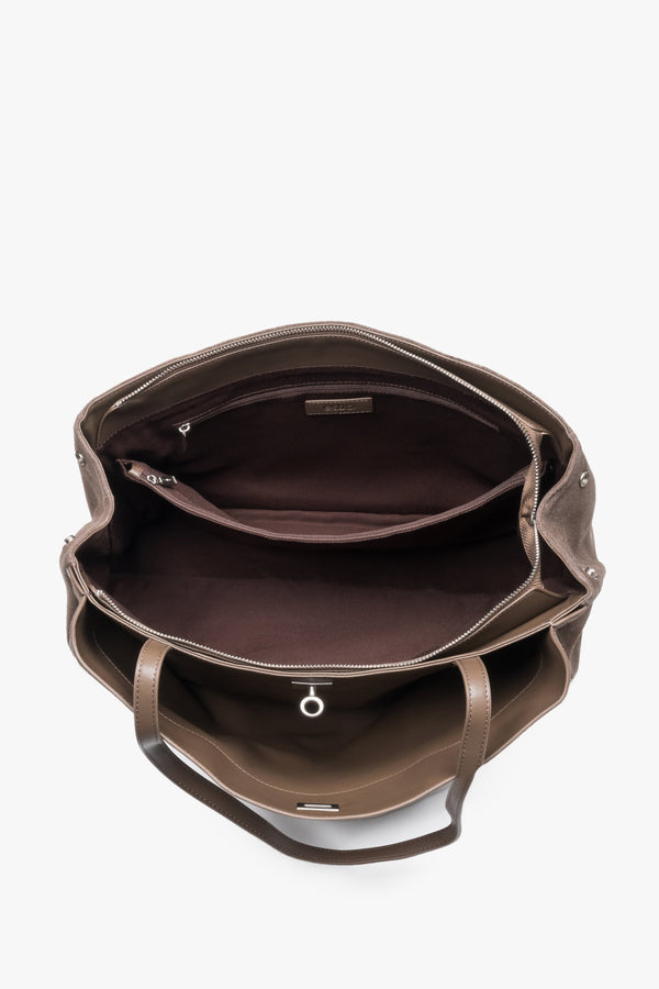 Interior view of women's brown velour shopper bag by Estro