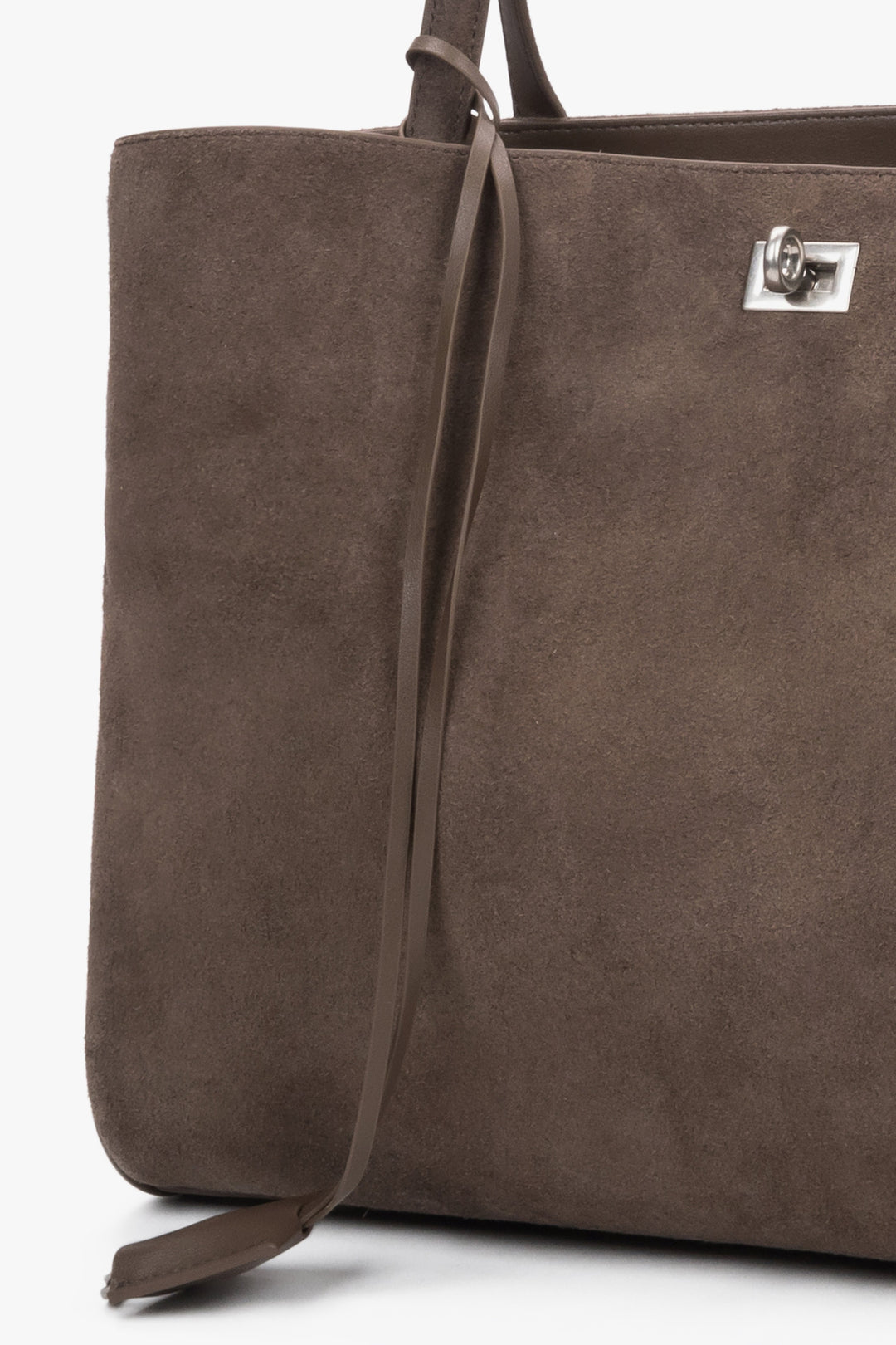 Details view of women's brown velour shopper bag by Estro