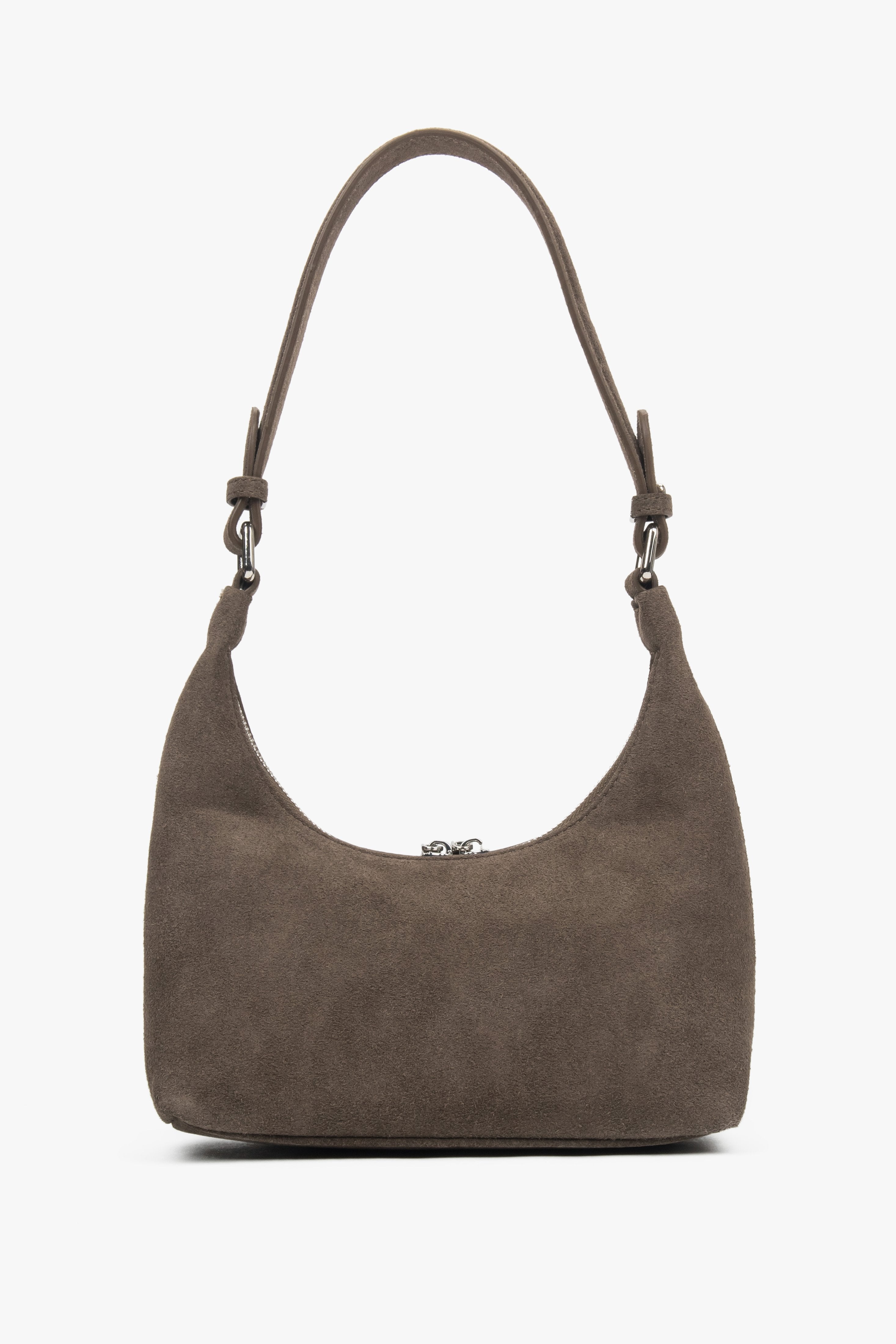 Women's brown shoulder bag in half-moon shape made of genuine velour Estro.