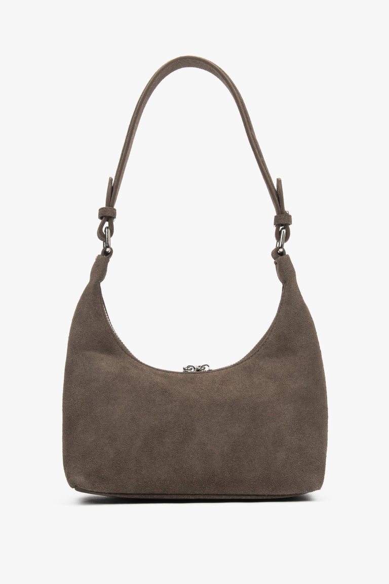 Women's brown shoulder bag in half-moon shape made of genuine velour Estro.