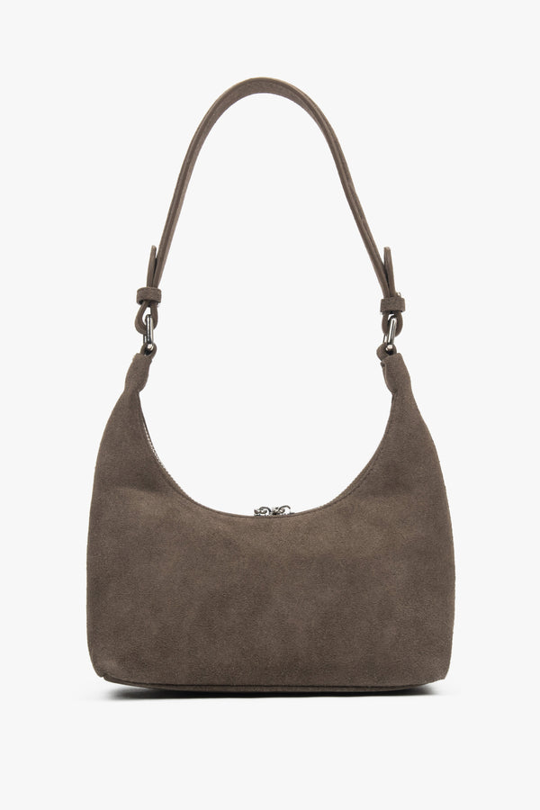 Women's brown shoulder bag in half-moon shape made of genuine velour Estro.