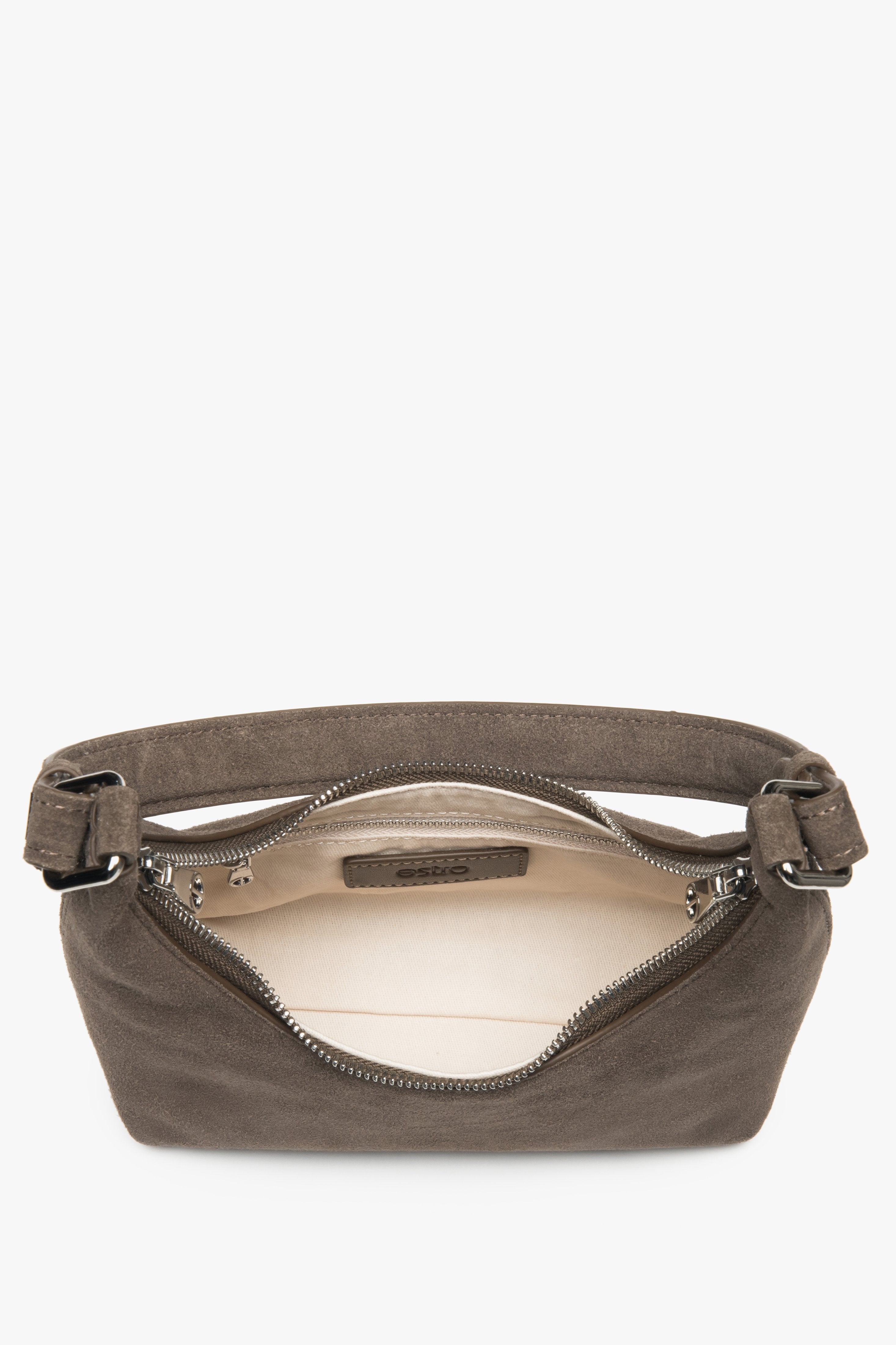 Women's shoulder bag in half-moon shape, brown, made of genuine velour, Estro.
