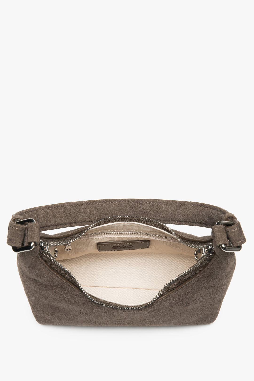 Women's shoulder bag in half-moon shape, brown, made of genuine velour, Estro.