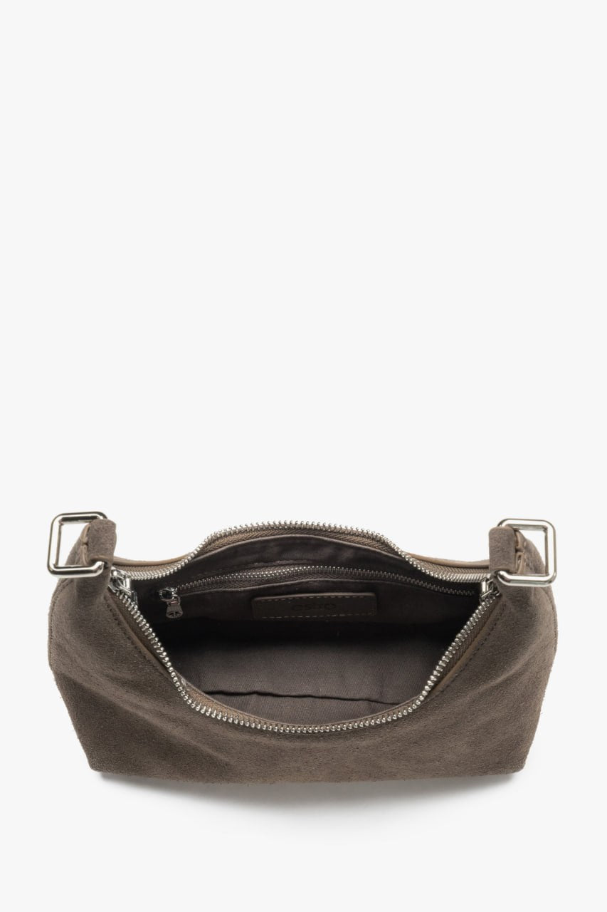 Women's shoulder bag in half-moon shape, brown, made of genuine velour, Estro.