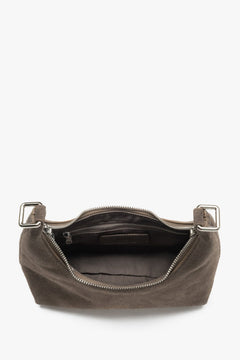 Women's shoulder bag in half-moon shape, brown, made of genuine velour, Estro.