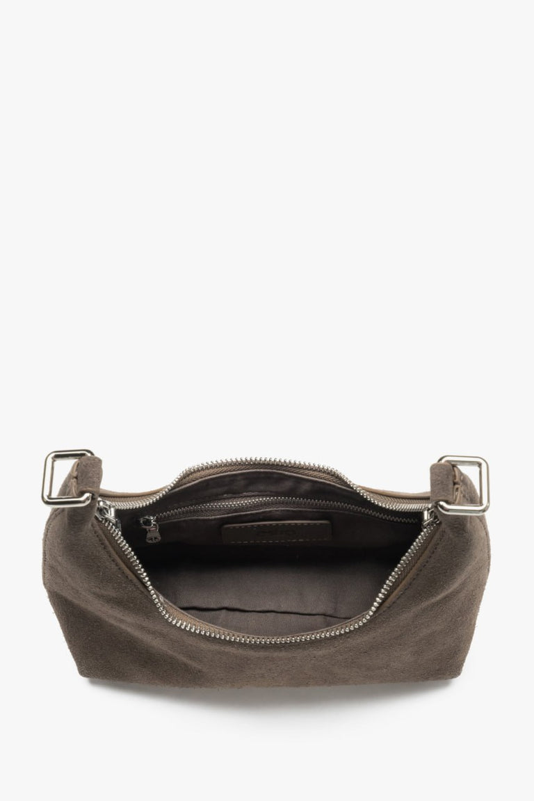 Women's shoulder bag in half-moon shape, brown, made of genuine velour, Estro.