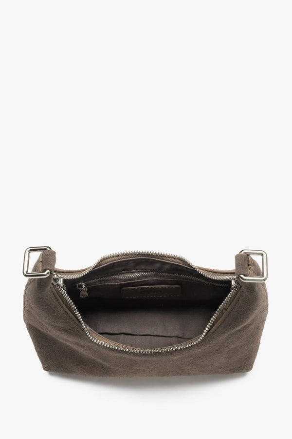 Women's shoulder bag in half-moon shape, brown, made of genuine velour, Estro.