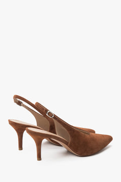 Estro brown velour pumps with slingback strap.